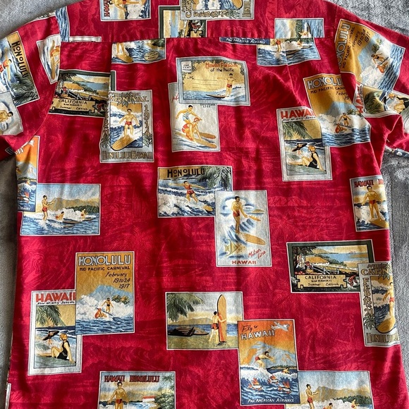 VTG KoleKole Mens M Button Down Postcard Aloha Print Shirt Hawaiian Red USA Made - Picture 6 of 7